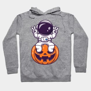 Cute Astronaut Sitting On Pumpkin Halloween With Peace Hand Cartoon Hoodie